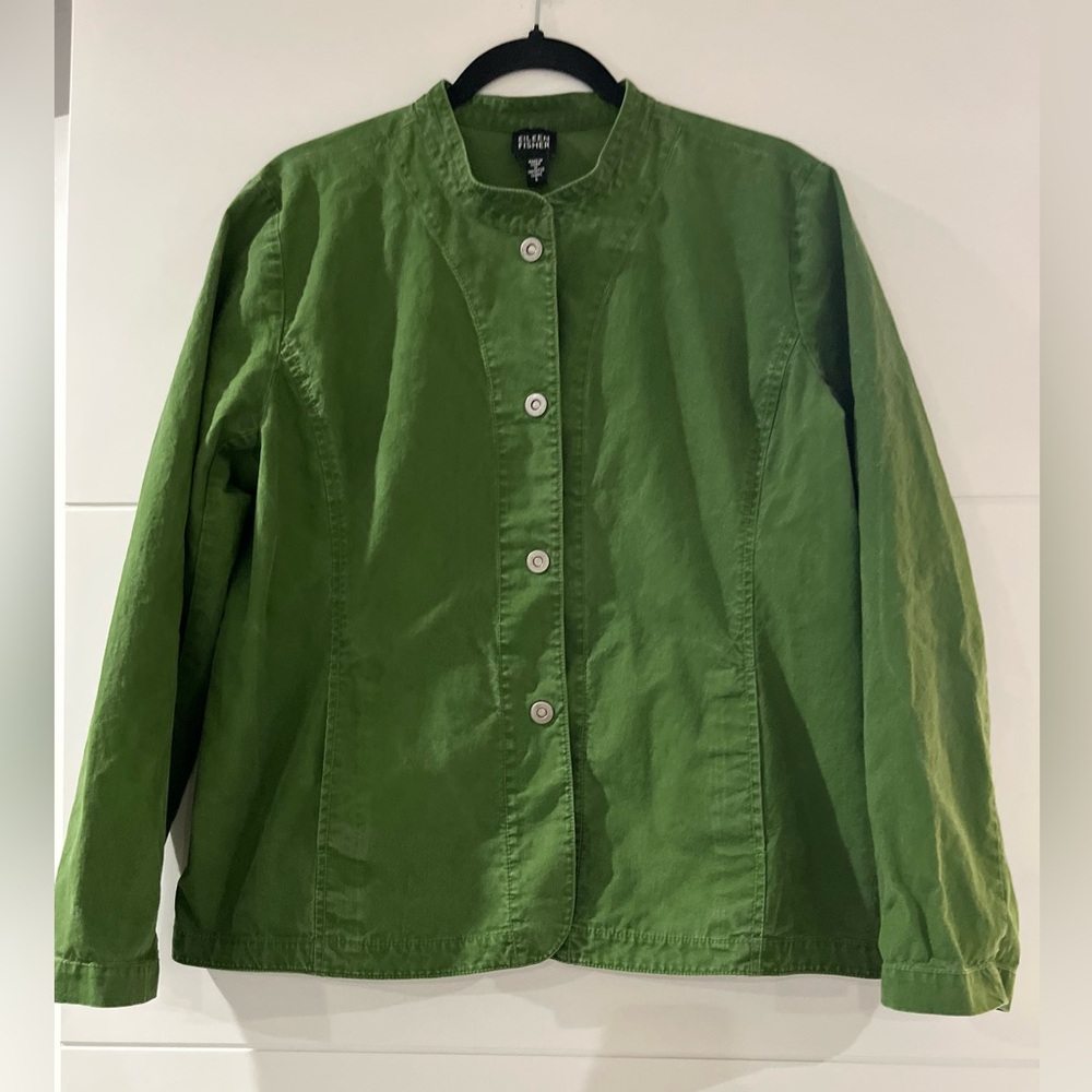 Eileen Fisher Mandarin Collar Silver  Snap Button Jacket in Green Cotton, Size L